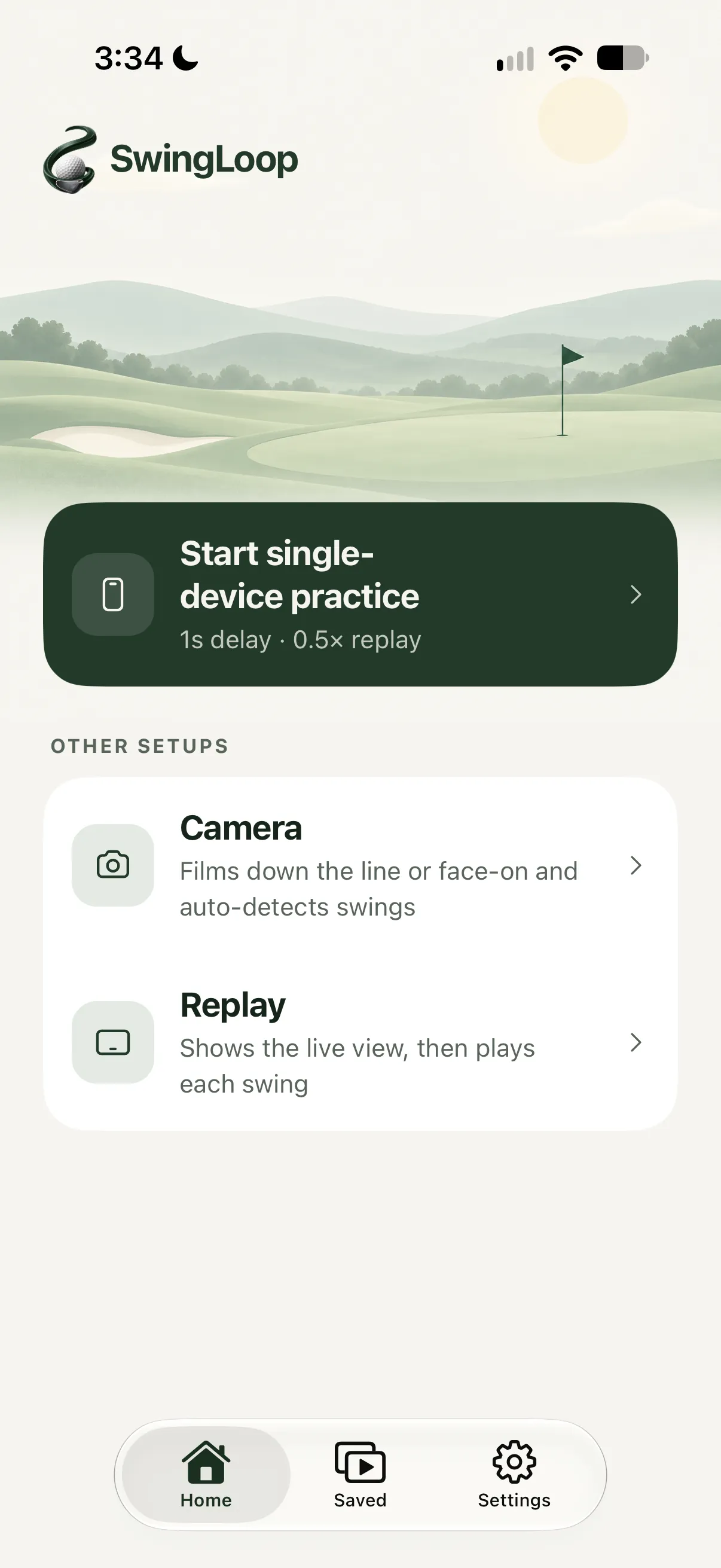SwingLoop home screen with Single device, Camera, and Replay choices