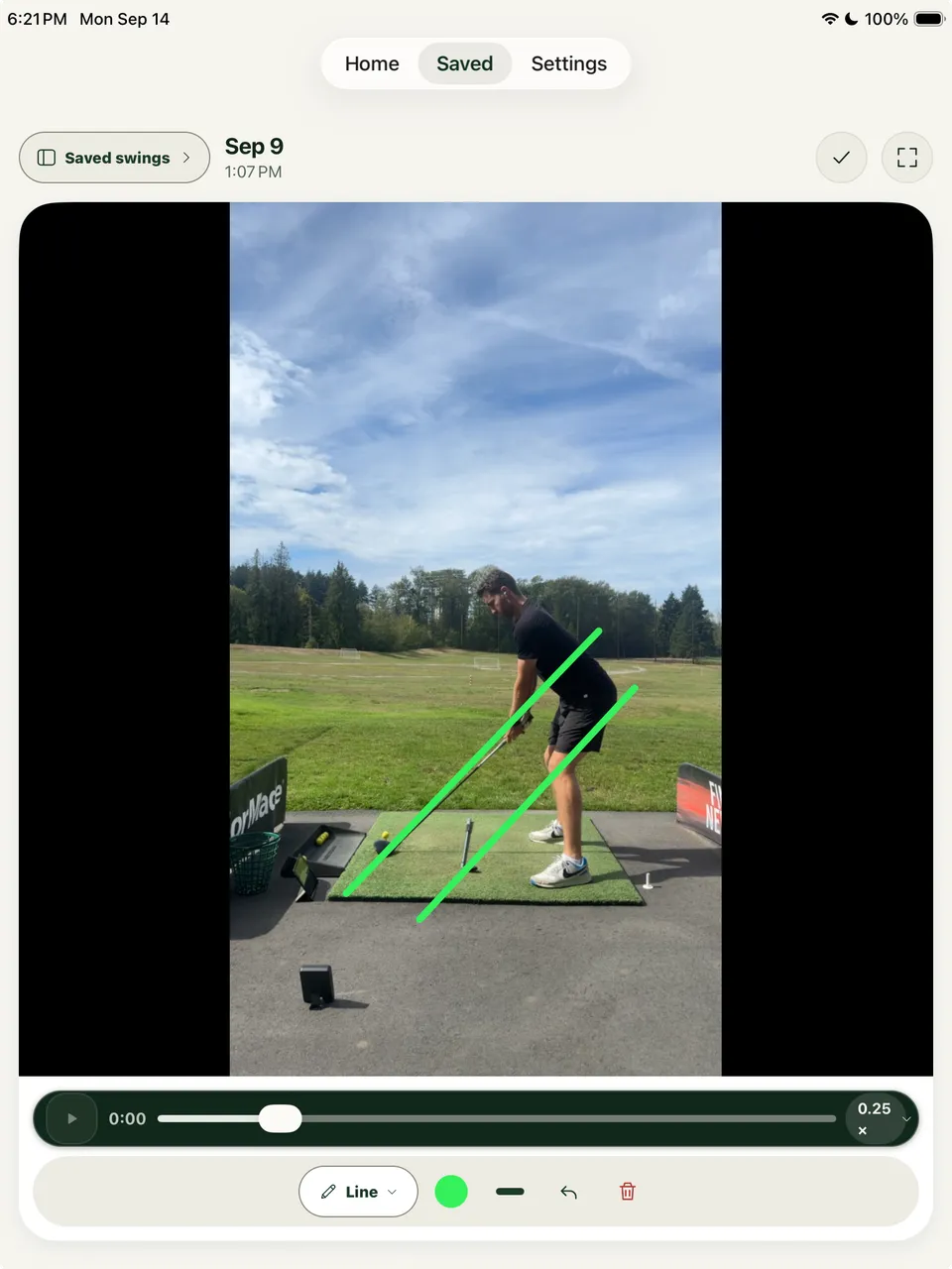 SwingLoop Saved swings screen with green reference lines drawn on a paused golf swing